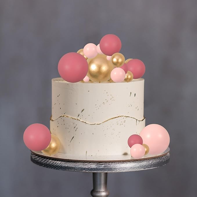 Gyufise 30Pcs Pink Gold Ball Cake Toppers Mini Balloon Cupcake Toppers DIY Foam Ball Cake Insert Decoration for Wedding Anniversary Birthday Party Supplies Decorations