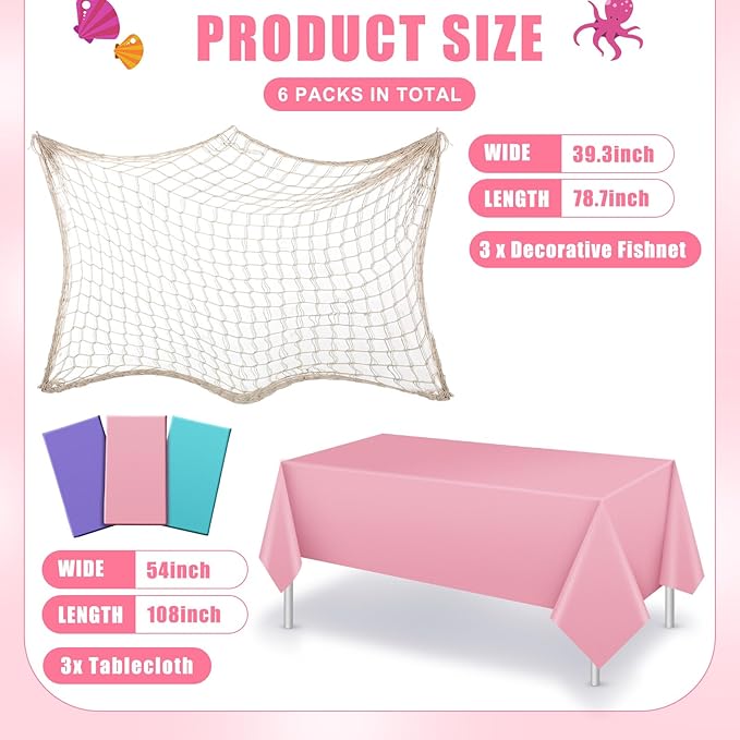 Unittype 6 Pcs Fish Net Decorative and Tablecloth Set, Cotton Fishnet and Plastic Table Cover Decorations Set for Nautical Themed Party Baby Shower Pirate Decorations Mermaid Party(Fresh Color)