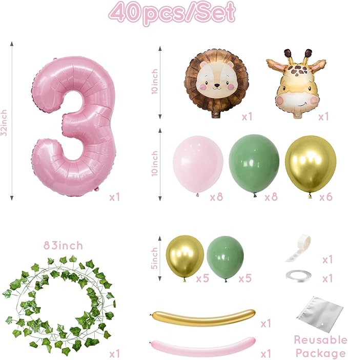 Jungle Safari Birthday Balloons, Pink Animal Balloons Birthday Party Supplies for Safari Birthday Wedding Shower Party Decorations (Number 3)