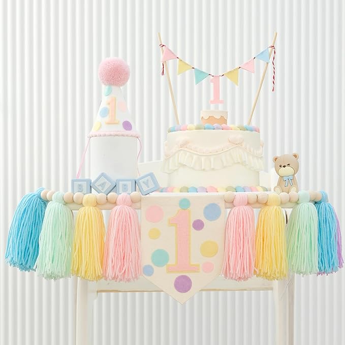 Macaron Pastel Dot 1st High Chair Banner Conical Cap Colourful Macaron Cake Topper for Boys Girls Birthday Party Decorations