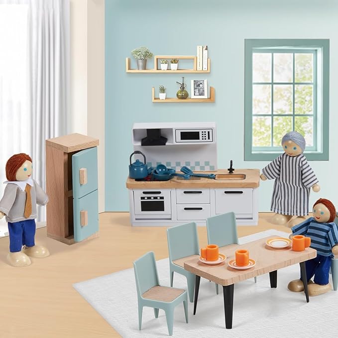 Giant bean 36pcs Wooden Dollhouse Furniture Set 5 Rooms 4 Family Dolls, Wood and Plastic Blue Dollhouse Accessories, Pretend Play Furniture Toys Christmas Birthday Gift for Boys Girls Kids Toddlers 3+
