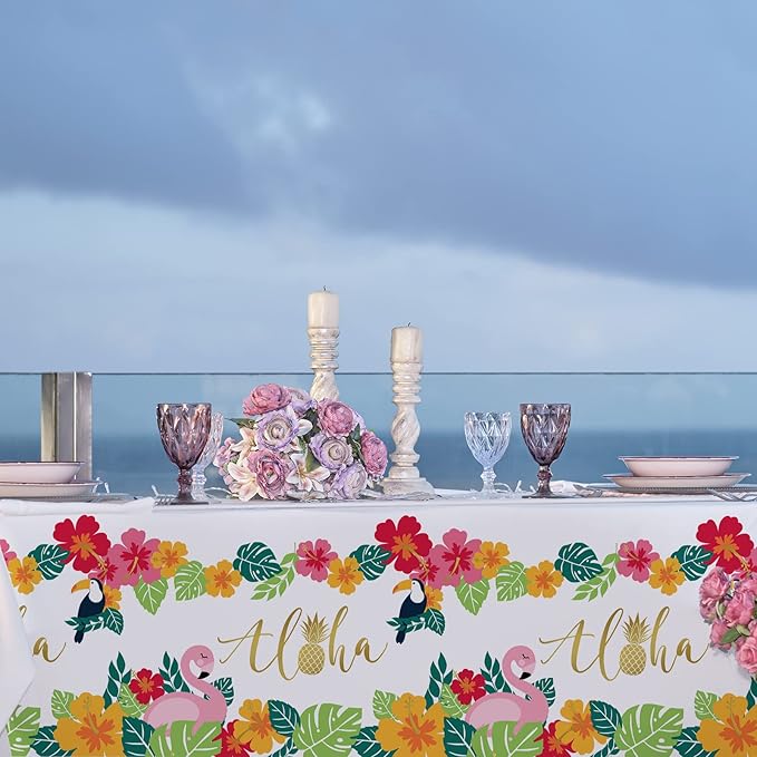Tropical Luau Party Supplies Flamingo Disposable Tablecloth Plastic Waterproof Table Cover for Hawaiian Beach Party Decorations, 3 Pack 54X108inch