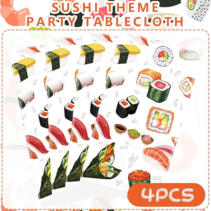 4 Pcs Sushi Party Decorations Supplies, Waterproof Rectangular Table Cover for Sushi Themed Party Supplies 52 x 108 Inch