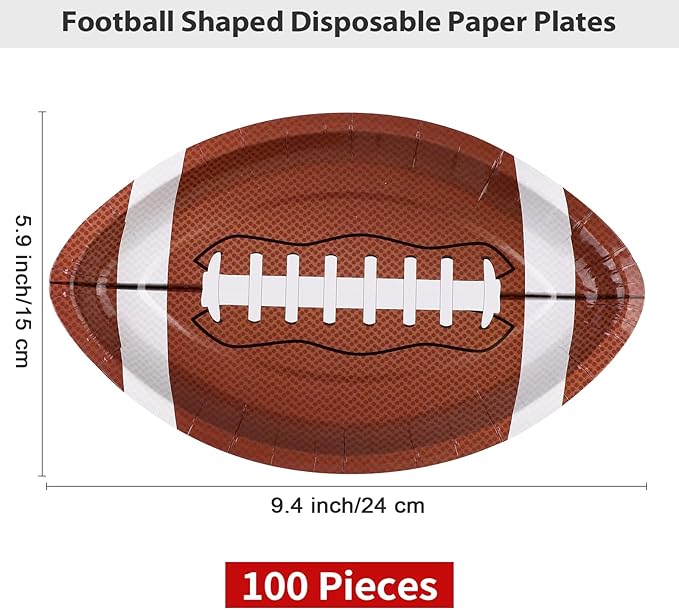 ADXCO 100 Pieces Football Shaped Disposable Paper Plates Football Party Plates Football Party Supplies for Football Theme Party Supplies Sports Game Birthday Decoration, 9.4 x 5.9 Inch