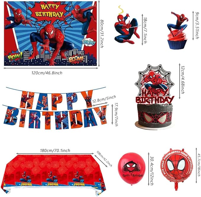 51PCS spidey birthday party supplies, backdrop, "Happy Birthday" banner,tablecloth, large aluminum balloon, small aluminum balloons, latex balloons, cake topper,cupcake toppers, hanging swirls