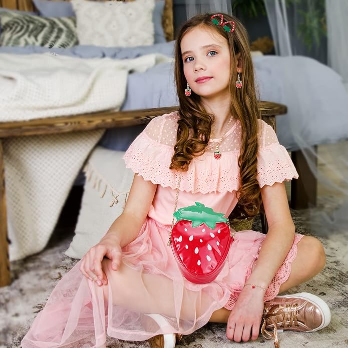 Strawberry Crossbody Bag Jewelry Set for Women Teen Girls, Strawberry Purse Cute Fruit Necklace Bracelet Earrings Ring Hair Clips Set Princess Dress up Pretend Play Jewelry Gifts