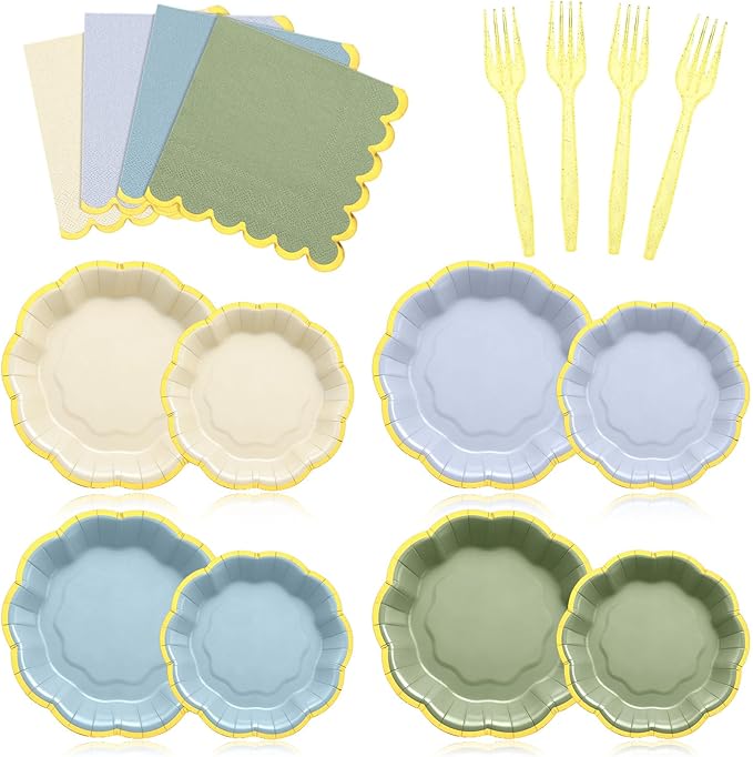 96 Pcs Dusty Blue Sage Green Gold Plates Party Supplies Severs, Guests Disposable Party Decorations, 7'' and 9'' Scalloped Paper Plates, Cocktail Napkins Plastic Forks for Birthday Wedding