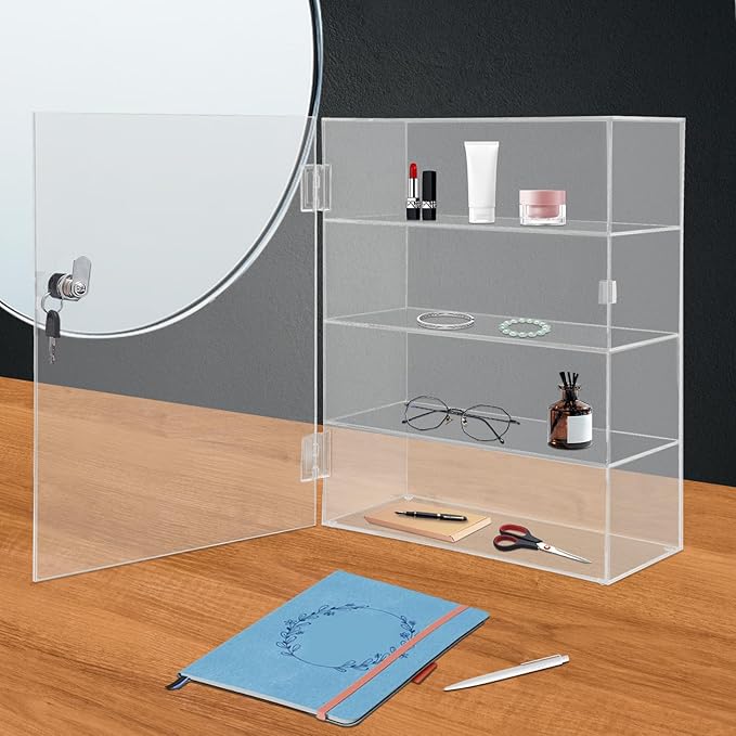 Clear Acrylic Display Case,4 Layer Transparent Countertop Showcase,Protection Showcase with Lock for Toy Collectibles Office Retail Store Safe Storage Sunglasses Toys (11.81*5.9*15.75 Inch)