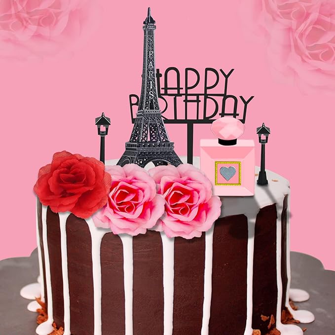 MEMOVAN 8pcs Paris Cake Topper Eiffel Tower Statue Cake Topper 7 Inch Pairs Eiffel Tower Perfume Bottle Birthday Topper Street Lamp Rose Cake Decoration for Girl Women Spa Paris French Theme Party