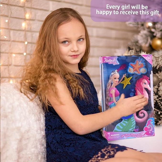 Bettina Princess Doll & Seahorse Set, Color Change Tail, 11.5 Inch Mermaid Doll, Toys for Girls & Kids