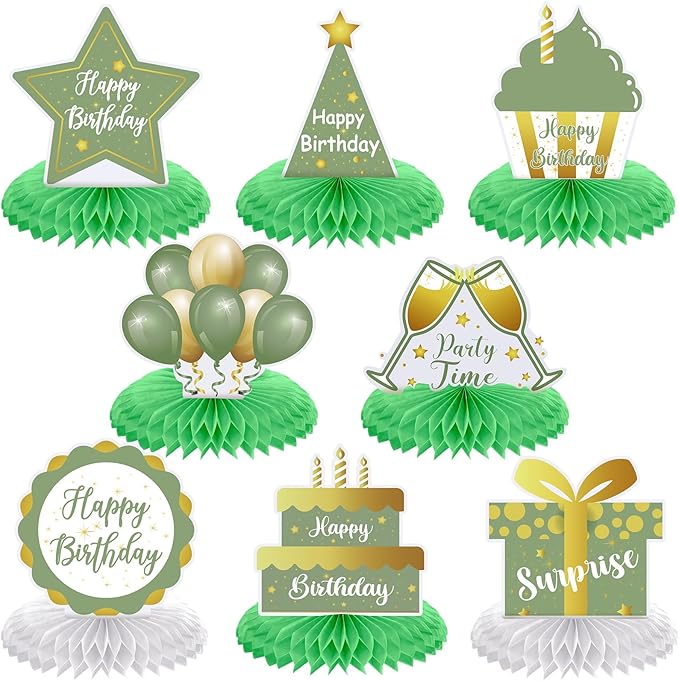 Yexiya 8 Pcs Sage Green Birthday Centerpiece Table Decoration, Happy Birthday Honeycomb Centerpieces Honeycomb Table Toppers for Men Women Party Supplies