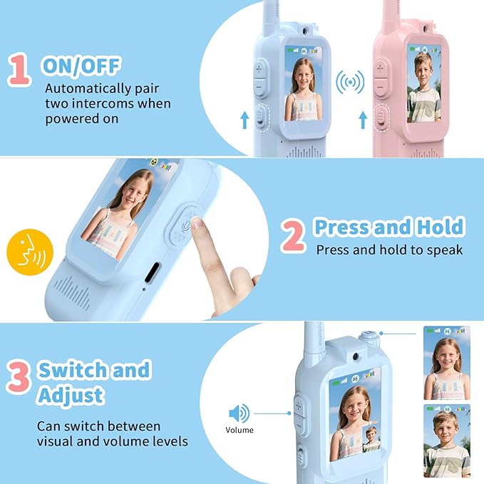 BlueFire Kids Walkie Talkies with Video – Screen Display Toy Radios with Voice Effects, One-on-One Pairing, Long Range – Birthday Toys Gifts for Boys & Girls Ages 3–12 (Pink+Blue)