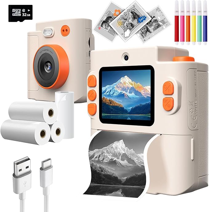 Wembley Kids Camera Instant Print | Birthday Gift Toys for Boys & Girls 3–10 Years | Unicorn Digital Dual Lens Toddler Camera Thermal Printer | 48MP 1080P Selfie & Video | 16X Zoom 32GB SD Card -Cream
