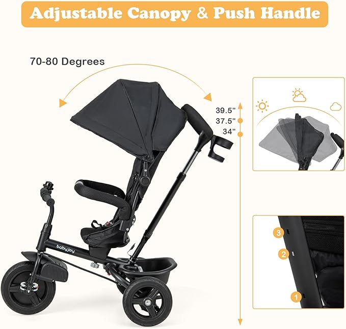 BABY JOY Tricycle, 6 in 1 Trike for Toddler w/Reversible Seat, Adjustable Canopy & Parent Handle, 5-Point Safety Belt, PU Wheels and Storage Basket, Push Tricycle for 9-60 Months (Black)