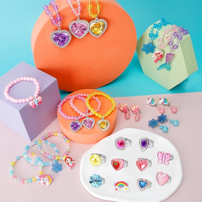 Kids Play Jewelry Sets, Princess Toys for Girls 4-6, 29 Pcs Little Girl Costume Jewelry, Unicorn Necklaces, Bracelets, Rings, Earrings, Dress Up Birthday Easter Gifts for Kids Pretend Play Party Favor