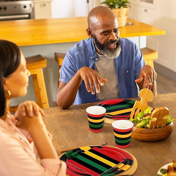 Whaline 96Pcs Juneteenth Tableware Black History Month Kwanzaa Paper Plate Napkin Cup African American Freedom Disposable Dinnerware Set for 24 Guests Party Table Decor