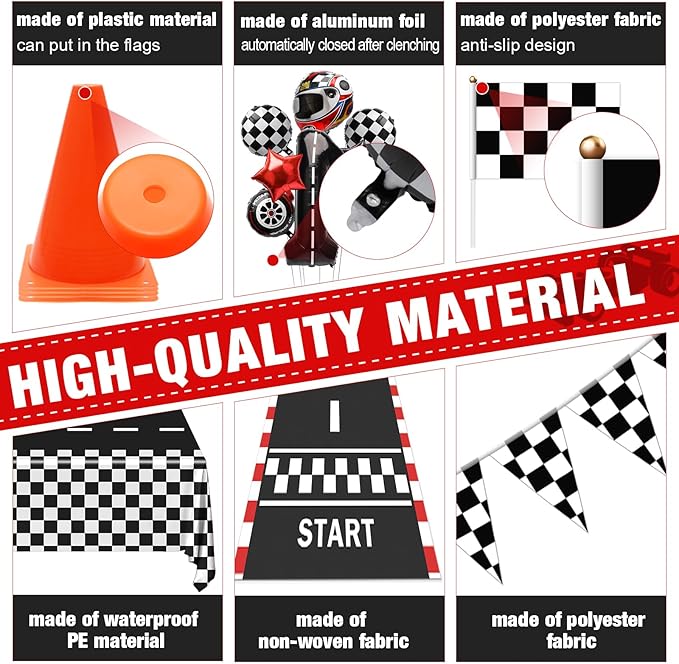Windspeed Traffic Cones And Racing Checkered Flags, Race Car Party Decorations Include 24P Hand Held Checkered Flag 12P Mini Traffic Cones, Racetrack Floor Running, Hanging Racing Flags, Balloons, Tablecloth
