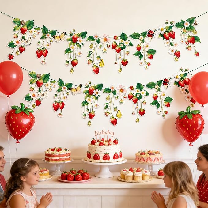 Paper Jazz Strawberry Birthday Banner 2pcs Strawberry Garland Decoration Berry First Theme Birthday Supplies,Strawberry Streamers for Garden Classroom Red and Green Party Decor for Girl