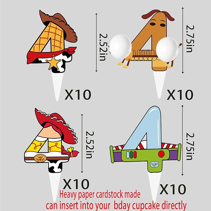 40pcs Cartoon Story Cupcake Toppers 4th Birthday for Boys Girls 4th Birthday Party Supplies Decorations