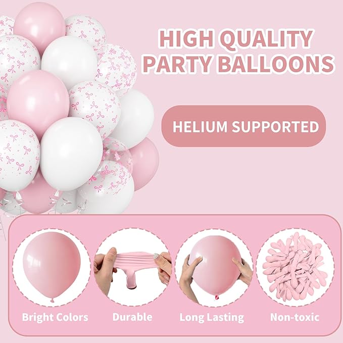 Pink Bow Balloons Light Pink and White Balloon 12inch Clear Bow Balloons Coquette Girls Birthday Party Decorations Latex Helium Balloon for Arch Bridal Shower Bachelorette Weddiing Decor