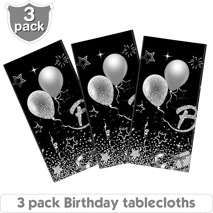 Breling Birthday Party Supplies Confetti Sprinkles Happy Birthday Tablecloths Starry Table Covers for Party Decorations, 54 x 108 Inches(Black and Silver,3 Pack)