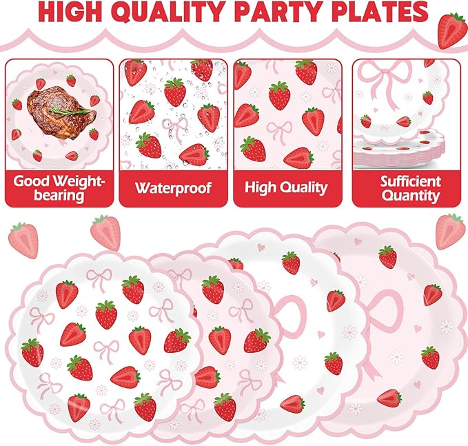 96Pcs Strawberry Party Plates and Napkins Bow Berry Sweet Scalloped Birthday Plates Party Supplies Pink Coquette Strawberry Tableware for Girls Baby Shower Wedding Birthday Decor 24 Guests