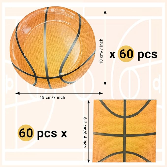 120 Pcs Basketball Party Supplies - 60 Pcs 7 Inch Basketball Plates 60 Pcs Basketball Napkins - Disposable Dessert Plates and Napkins Set for Kids Boys Birthday Basketball Theme Party Decorations