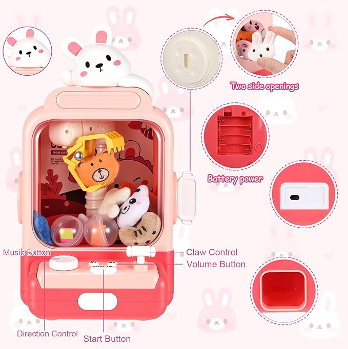 Cartoon Claw Machines for Kids 36 Prizes Age 6+ Mini Vending Machines with Music for Kid with Plush Toy Christmas Birthday Thanksgiving Girls Boys Gifts(Bunny)