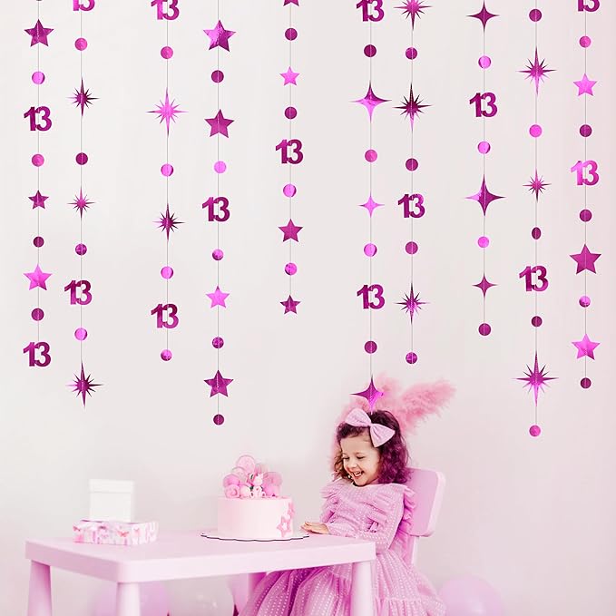 Hot Pink 13th Birthday Decorations Number 13 Circle Dot Twinkle Star Garland Hanging Streamer Banner Backdrop Girls 13 Year Old Birthday Thirteen Official Teenager 13th Anniversary Party Supplies