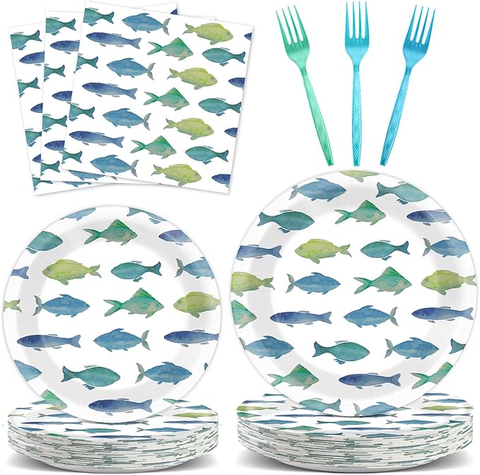 96Pcs Gone Fishing Party Paper Plates and Napkins Sea Ocean Fish Birthday Supplies Little Fisherman Tableware for 24 Guests for Summer Wedding Ofishally One Fishing Birthday Gatherings Decorations
