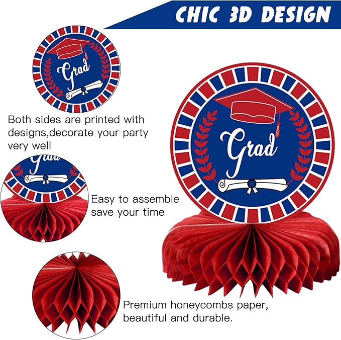 10PCS Graduation Party Decorations Class of 2026 Congrats Grad Table Centerpieces Congratulate Graduation Honeycomb Table Toppers for Graduation Party Supplies(Blue Red)