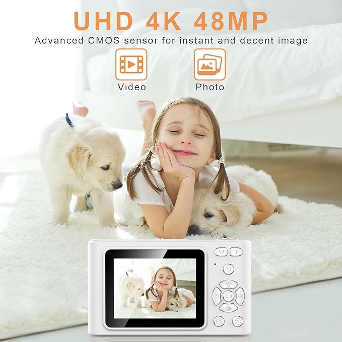 aycy Point and Shoot Digital Camera for Kids, UHD 4K 48MP with 64GB SD Card and 16X Digital Zoom Anti Shake, Compact Portable Small Gift for Students, Ivory White