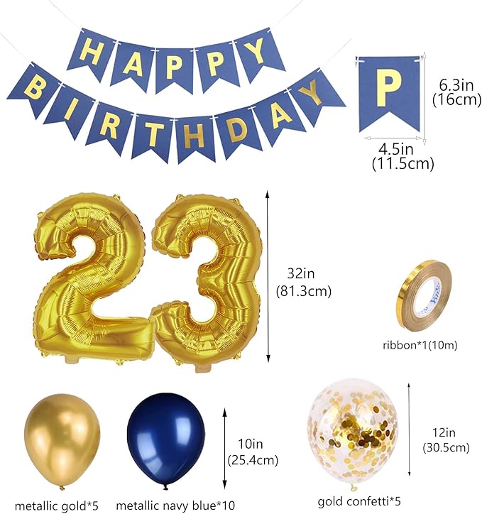 23rd Birthday Balloons Party Decorations for Men, Navy Blue Birthday Banner Gold Number 23 Foil Balloon Confetti Balloons for Him Men 23 Years Old Party(23rd)