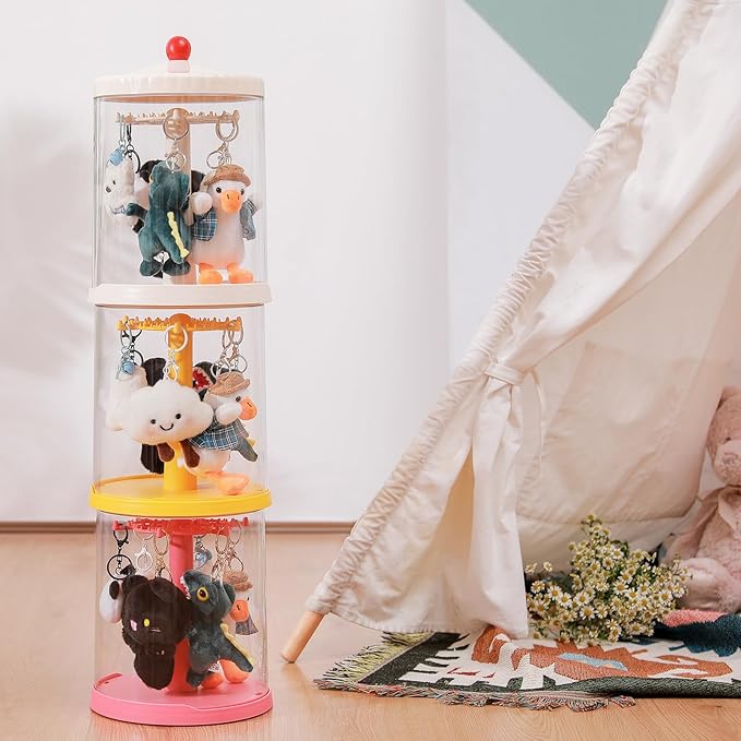 360° Rotating Clear Display Case for 5.9-6.7 Plush Dolls, Collectible Toy, Action Figures, Transparent Dust-Proof Protective Storage Box with Cover, Stackable, Yellow