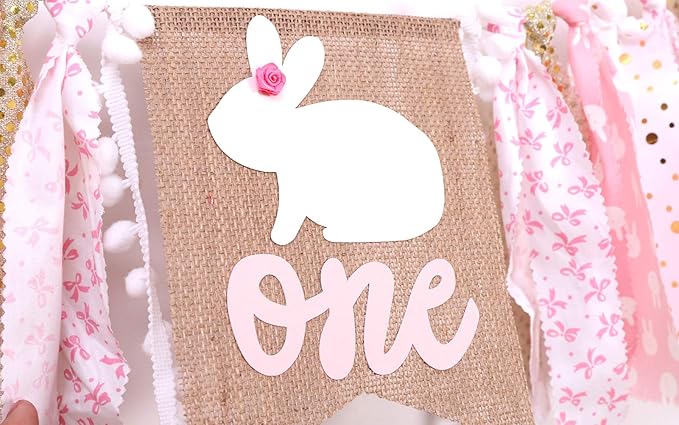 Pink Happy Birthday Banner - 1st Birthday High Chair Banner, Rabbit Themed Photo Props, Princess Party Decorations Supplies for Baby Girl