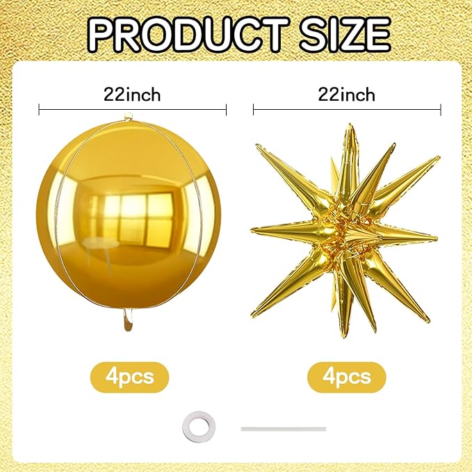 TONIFUL 8 Pcs 22Inch Gold Large 4D Giant Round and Star Balloons Explosion Star Mylar Balloons Set for Backdrop Christmas New Year Birthday Wedding Bridal Shower Anniversary Photo Booth Supplies