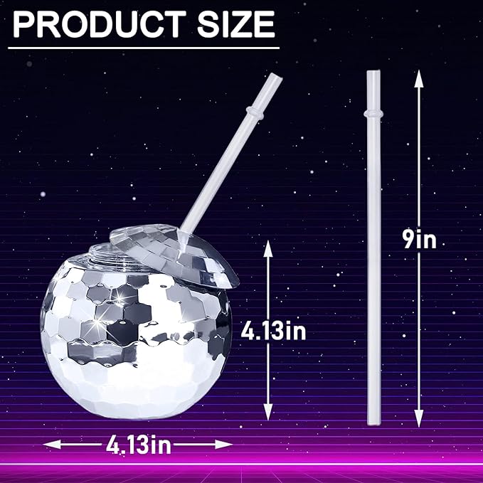 Disco Ball Cups, 20OZ Disco Party Cups with Lid and Reusable Straw Flash Ball Cocktail Cup for Party Nightclub Bar Supplies Wine Drinking Syrup Tea Bottle (12, Sliver)