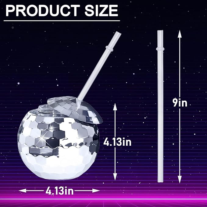 Disco Ball Cups, 20OZ Disco Party Cups with Lid and Reusable Straw Flash Ball Cocktail Cup for Party Nightclub Bar Supplies Wine Drinking Syrup Tea Bottle (50, Sliver)