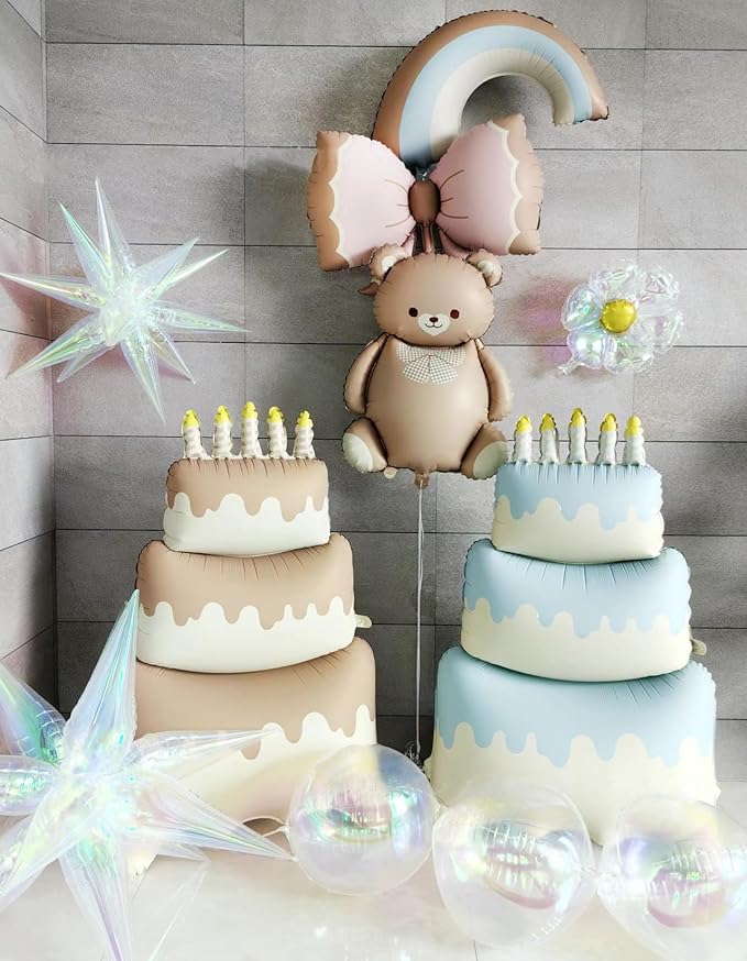 Happy Birthday Cake Foil Standing Balloons 60 Inch,Gaint Three-Tier Matte Cream Blue Thickened Large Mylar Balloon for Girls Women Boys Kids Baby Shower Birthday Party Decorations Supplies