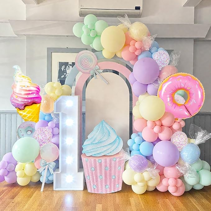 Pastel Balloons, 12 Inch Macaron Pink Purple Yellow Green Blue Confetti Balloons with Donut and Ice Cream Foil Balloon for Gilrs Easter Sweet Birthday Party Rainbow Baby Shower Decorations