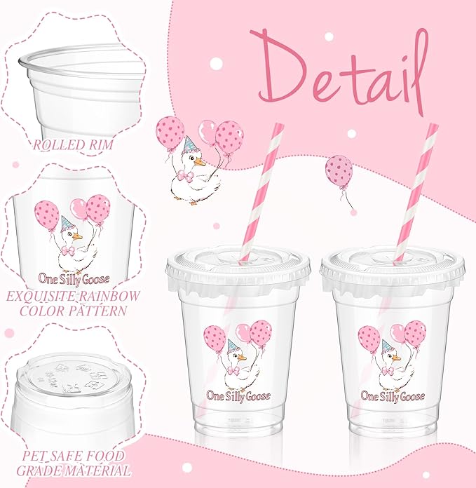 Domensi 50 Pcs One Silly Goose Birthday Party Plastic Cup 12 oz Pink Bow Goose Thick Clear Cup Mugs First Birthday Table Decorations Party Favor