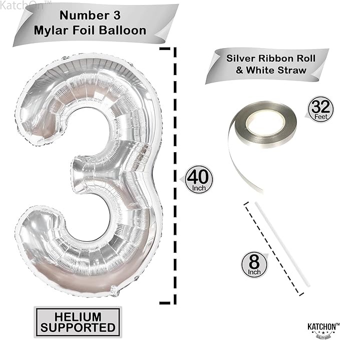 KatchOn, Big Silver Number 3 Balloon - 40 Inch | 3rd Birthday Decorations for Girls & Boys