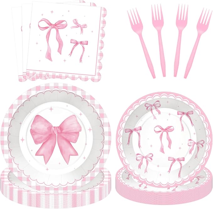 100 Pcs Pink Ribbon Bow Party Supplies Set - Serves 25, Watercolor Disposable Tableware, Includes Paper Plates, Napkins, Forks for Wedding, Bachelorette, Birthday, Girl’s Coquette-Style Themed Favors