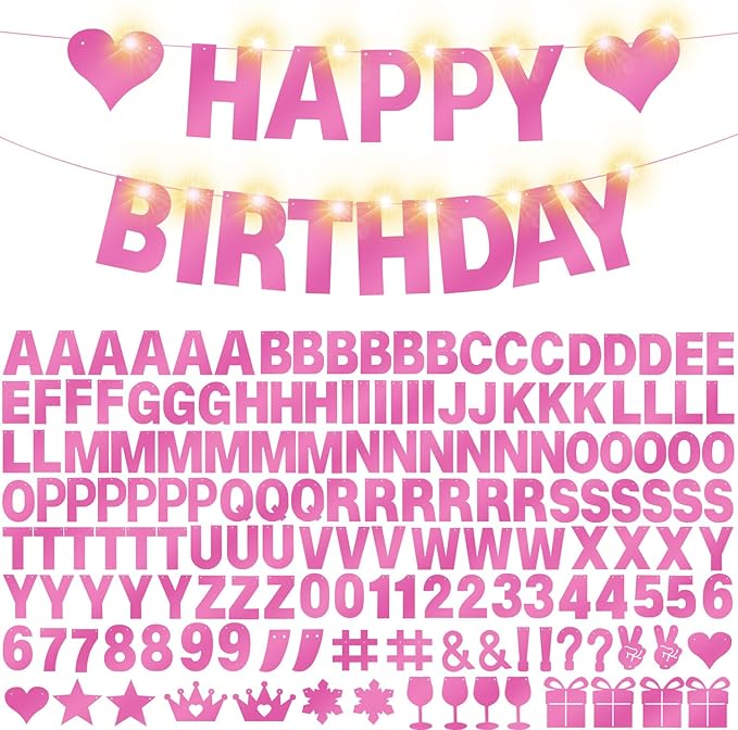 175Pcs DIY Glitter Customizable Banner Kit Happy Birthday Letter Banners Valentine's Day Garlands Personalized Love Heart Banner Decor Baby Shower Birthday Party Decorations Supplies(Shiny Light Pink)