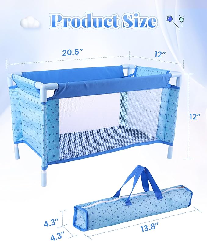 BABESIDE Baby Doll Crib Set for 18 Inch Dolls, Foldable Baby Doll Bed Playpen Toy Crib with Storage Bag for Reborn Baby Doll Accessories