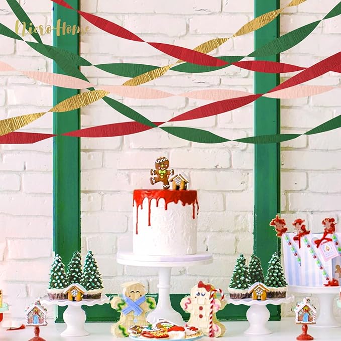 NICROHOME EUR Christmas Decorations, 8 Rolls Christmas Green Red Gold Crepe Paper Streamers for Xmas Birthday Party Wedding Baby Shower Party Decorations, 1.8 Inch x 82 Ft/Roll