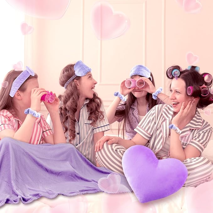 36 Pcs Sleepover Party Supplies for Girl Spa Slumber Birthday Favors Throw Blanket Pillow Eye Mask Headband Scrunchies (Solid Color,Purple)