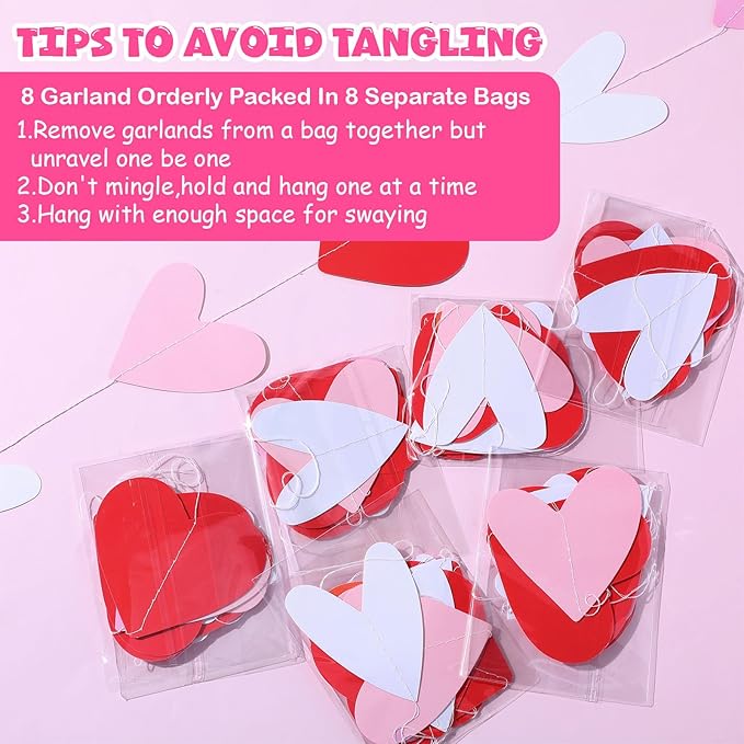 Capoda 8 Pcs Valentine's Day Garland Decorations Red Pink White Heart Garland Banners Solid Outlined Romantic Hearts Hanging Banners for Sweet Day Birthday Wedding Anniversary Party Supplies