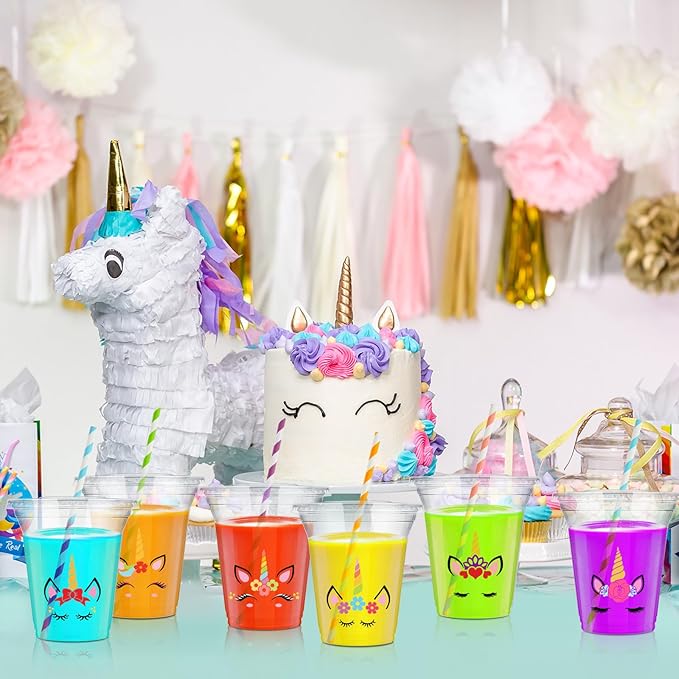 Boao 36 Sets Unicorn Party Cups with Lids and Paper Straws 14 oz Unicorn Birthday Party Supplies Favors Disposable Clear Plastic Cups Bulk