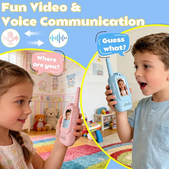 Rechargeable Kids Walkie Talkies 2 Pack, 1000 Feet Range with Video Screen & Voice Changer, Birthday Gift Toy for 3-12 Year Olds, for Indoor Play Camping Hiking